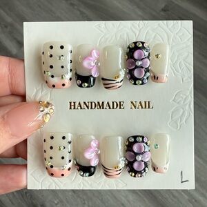 Handmade 3D Pink Flower & Polka Dot Press-On Nails